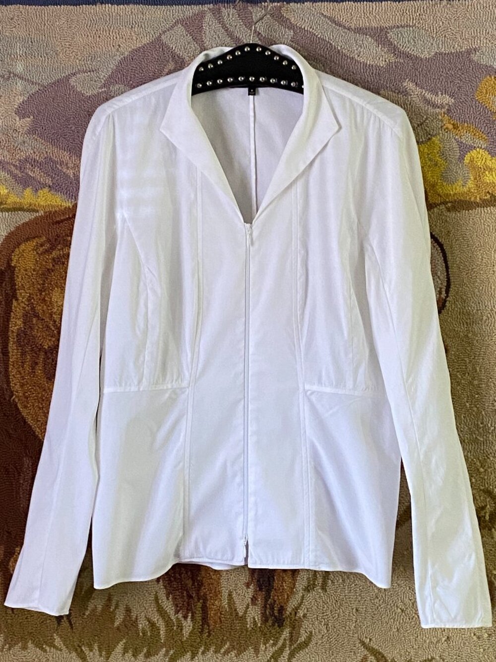 Lafayette 148 New York Womens Sz 8 White Blouse Full Front Zip Long Sleeve